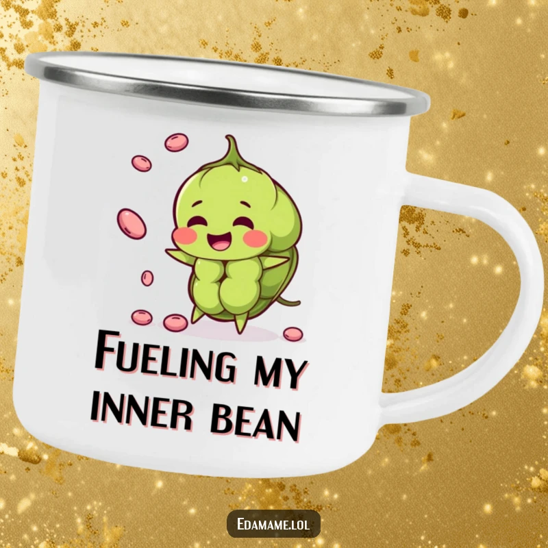 Funny edamame pod camping mug artfully juggling smaller beans, durable for outdoor use with a humorous touch.