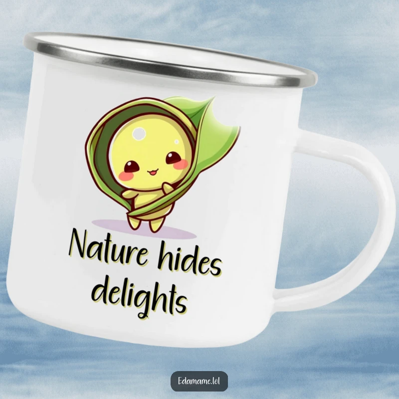 Funny Camping Mug: A playful edamame pod character peeks from behind a leaf, ready for cute outdoor adventures.