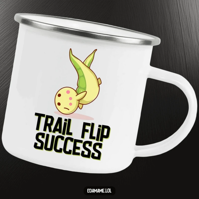 Funny Camping Mug: An edamame bean in mid-somersault, ready for outdoor adventures with a playful and humorous design.