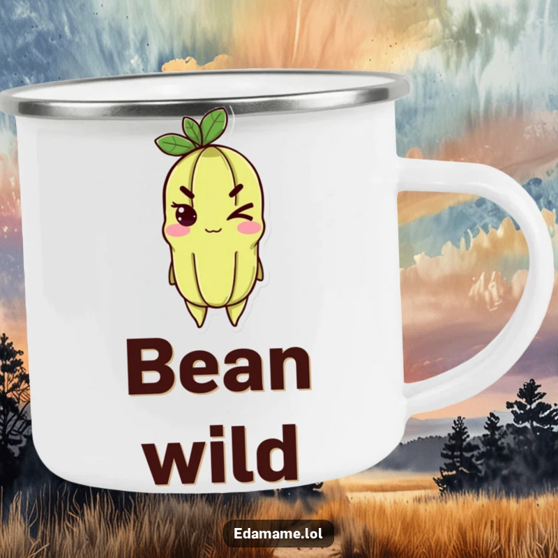 Funny edamame camping mug with a determined wink, perfect for cheerful outdoor beverage enjoyment.