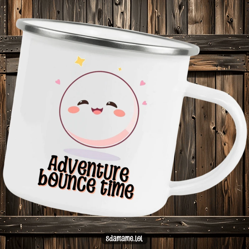 Funny Mochi Ball Camping Mug: A durable mug with a giggling mochi character bouncing gleefully, perfect for outdoor enjoyment.