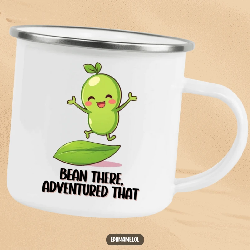 Funny green bean character energetically bouncing on a leaf, illustrated on a durable camping mug.