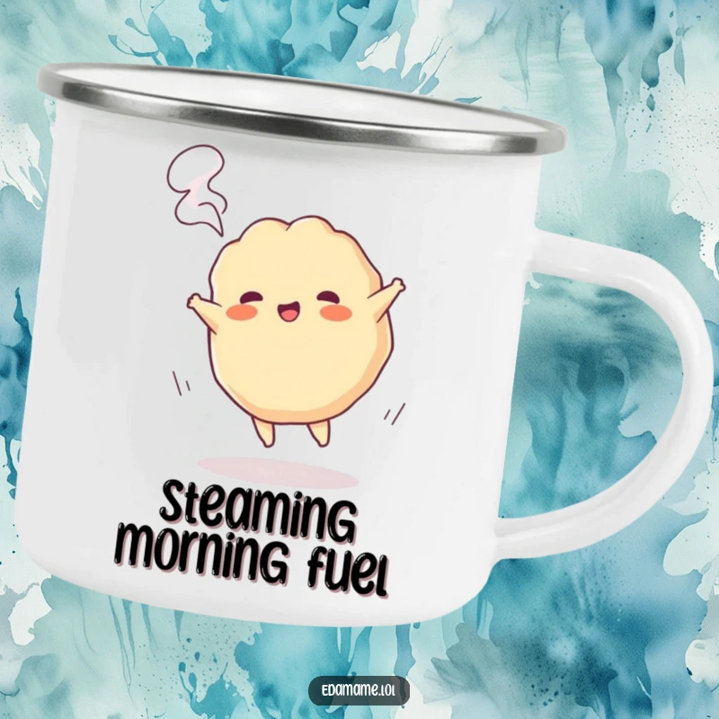 Funny camp mug featuring a playful gyoza character doing a cartwheel with steam, perfect for outdoor enthusiasts.