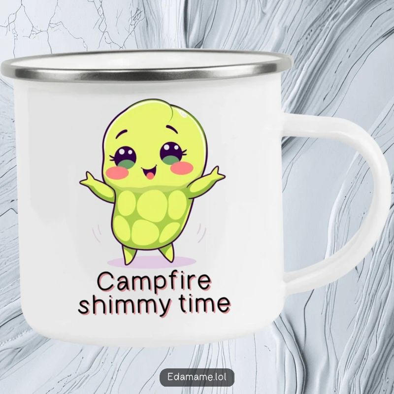 Funny edamame camping mug featuring a green pod with sweet eyes doing a happy shimmy, perfect for cheerful outdoor drinking and fun.