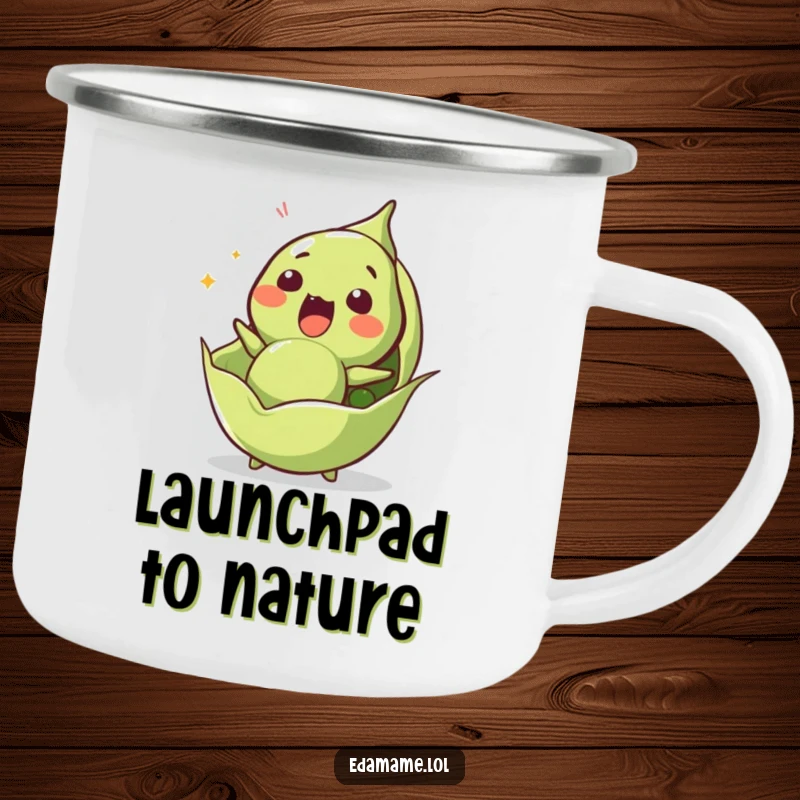 Funny edamame camping mug featuring a surprised character launching from its pod, ready for shocking outdoor fun.