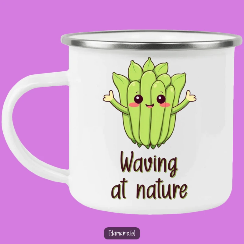 Funny Waving Edamame Camping Mug - Outdoor Cheers and Greetings