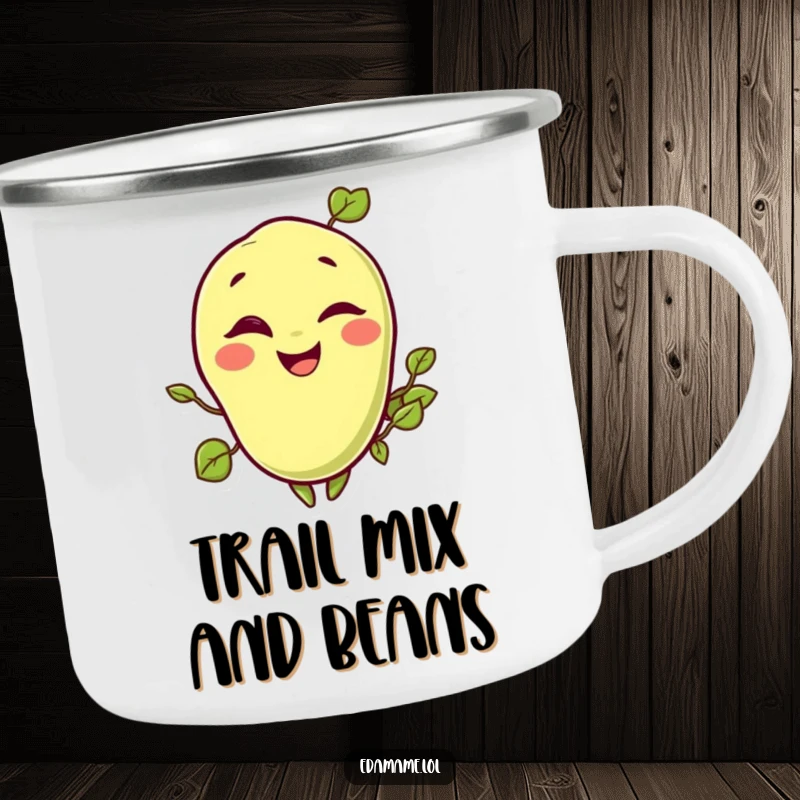 Funny camping mug featuring a jovial, winking edamame bean, perfect for enjoying drinks in the great outdoors.