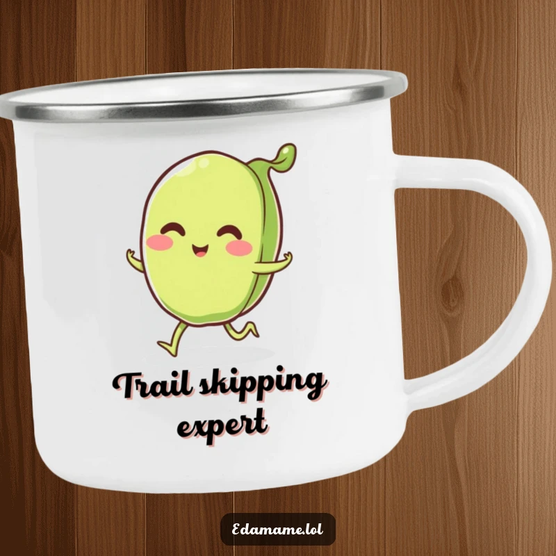 Funny smiling edamame pod with little legs happily skipping, on a durable camping mug, bringing cheerful vibes to the outdoors.