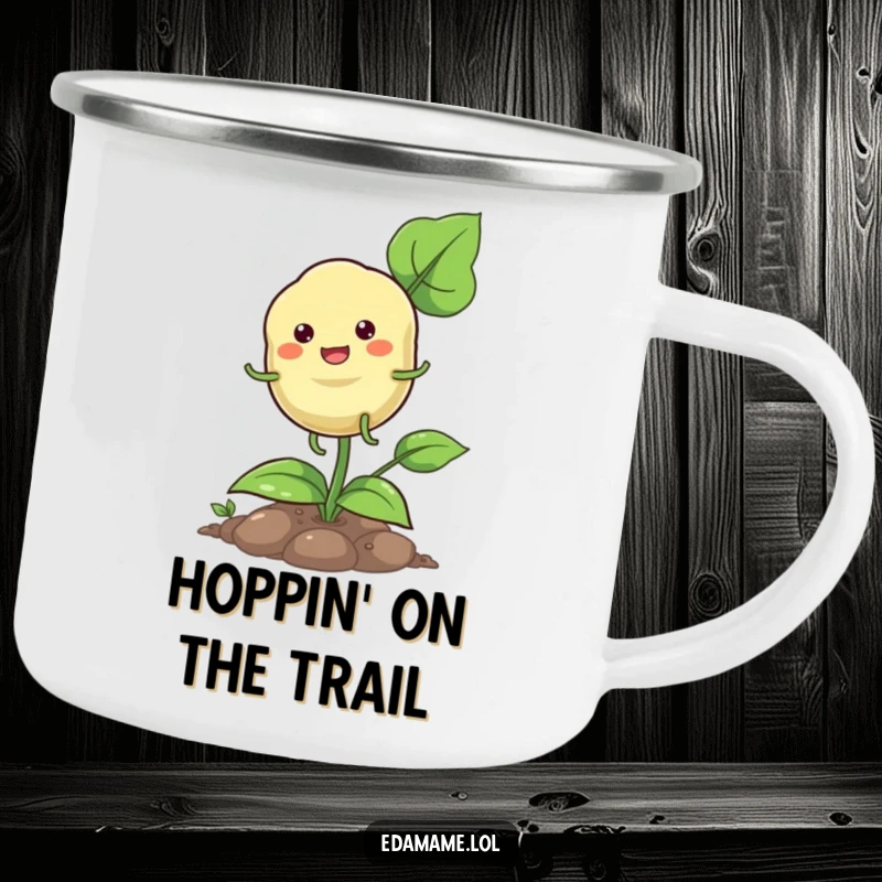 Funny pod hopping camping mug featuring a happy plant character with tiny legs, ready for outdoor fun.