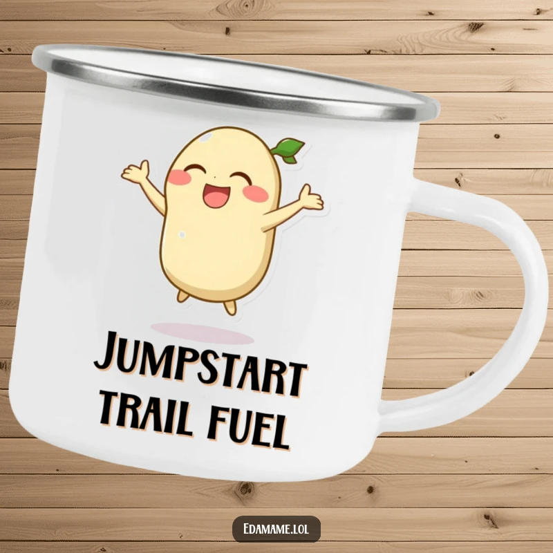 Funny camping mug with a laughing edamame pod character mid-silly jump, perfect for outdoor enthusiasts with humor.