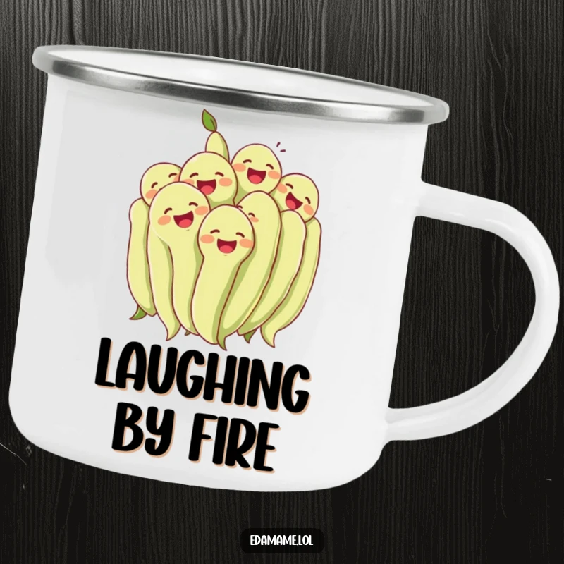 Funny cluster of edamame beans laughing together heartily on a sturdy camping mug. Great for hiking, camping, and funny drinks.