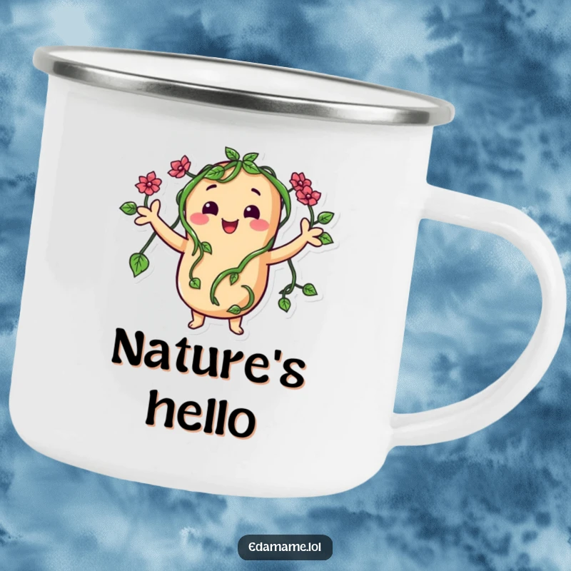 Funny camping mug featuring a happy bean character with vine arms waving, bringing a friendly and green vibe outdoors.