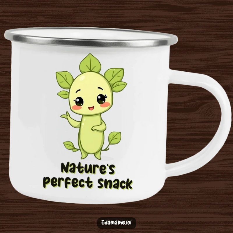Funny camping mug featuring a proud edamame sprout striking a pose, built for outdoor use and adding a humorous veggie touch.