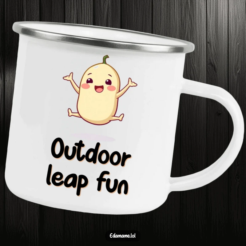 Funny camping mug with a happy edamame pod doing a cheerful split jump, perfect for outdoor drinks and healthy energy.