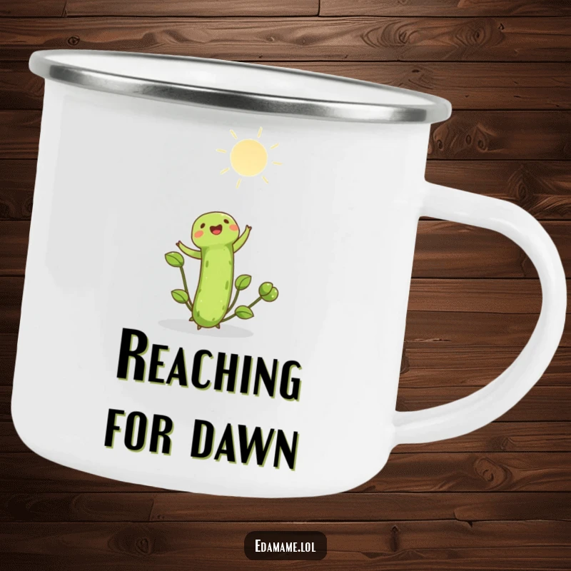 Funny edamame shoot joyfully reaching towards the bright sun on a sturdy camping mug. Great for hiking, camping, and sunny drinks.