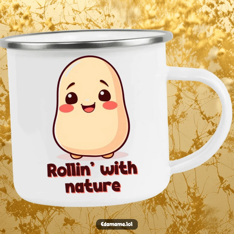 Funny soy bean rolling camping mug featuring an excited bean, ideal for outdoor adventures and lighthearted moments.