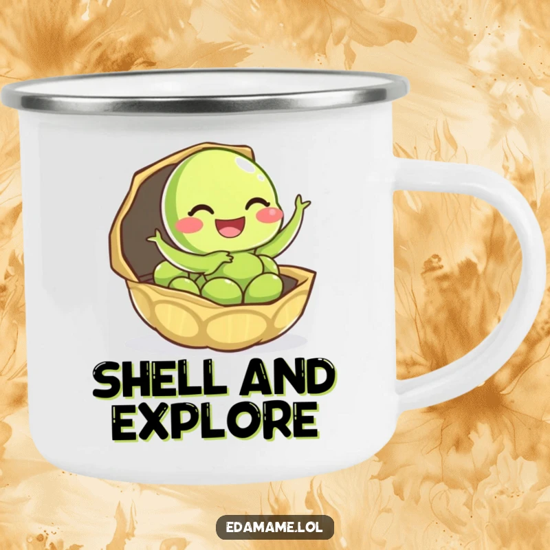 Funny edamame camping mug featuring a giggling character leaping out of its shell, ready for cheerful adventures.