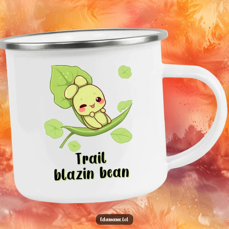 Funny camping mug with a cute edamame character sliding down a leaf, ready for outdoor adventures and warm beverages.