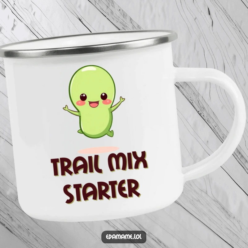 Funny happy edamame bean camping mug, a joyful edamame jumping from its pod, durable and fun.