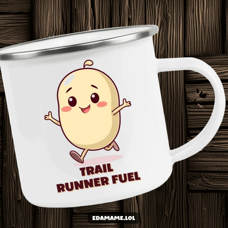 Funny camping mug featuring a determined bean character running with a smile, built for outdoor use and adding a humorous, motivational touch.