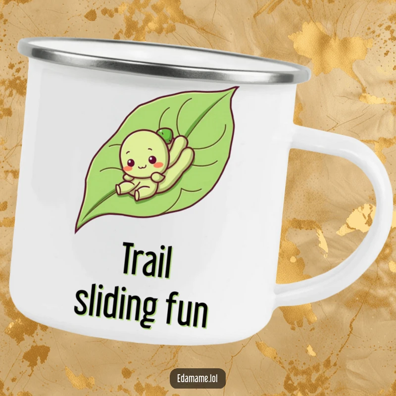 Funny camping mug featuring a cute edamame character sliding down a leaf, built for outdoor use and adding a humorous, playful touch.