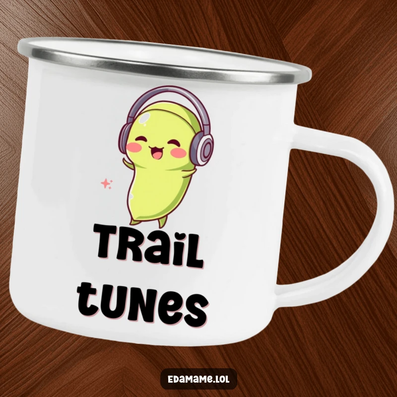 Funny Edamame DJ Camping Mug with a fun edamame character wearing headphones and bobbing its head.