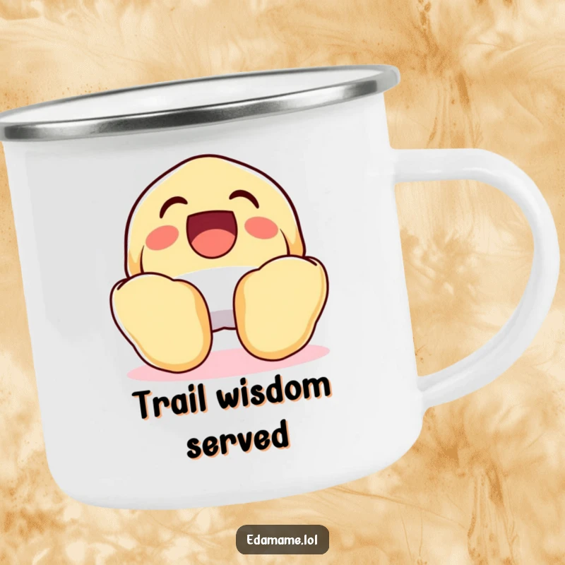 Funny Laughing Fortune Cookie Camping Mug, wide open and cheerful, for enjoying drinks outdoors with humor.