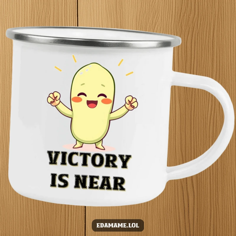Funny cheering edamame bean camping mug, showing a small green bean character with tiny fists raised in a victorious outdoor cheer.