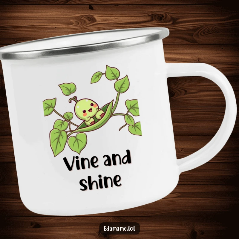 Funny pea pod camping mug with an anthropomorphic pod sliding down a vine, ready for outdoor adventures.