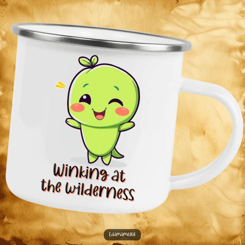 Funny enamel camping mug with a delighted edamame bean character giving a playful wink, perfect for outdoor moments and sharing a wink.