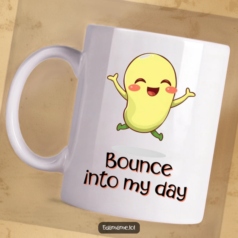 Funny mug featuring a giggling edamame bean captured mid-air during a bouncy jump, radiating pure happiness.