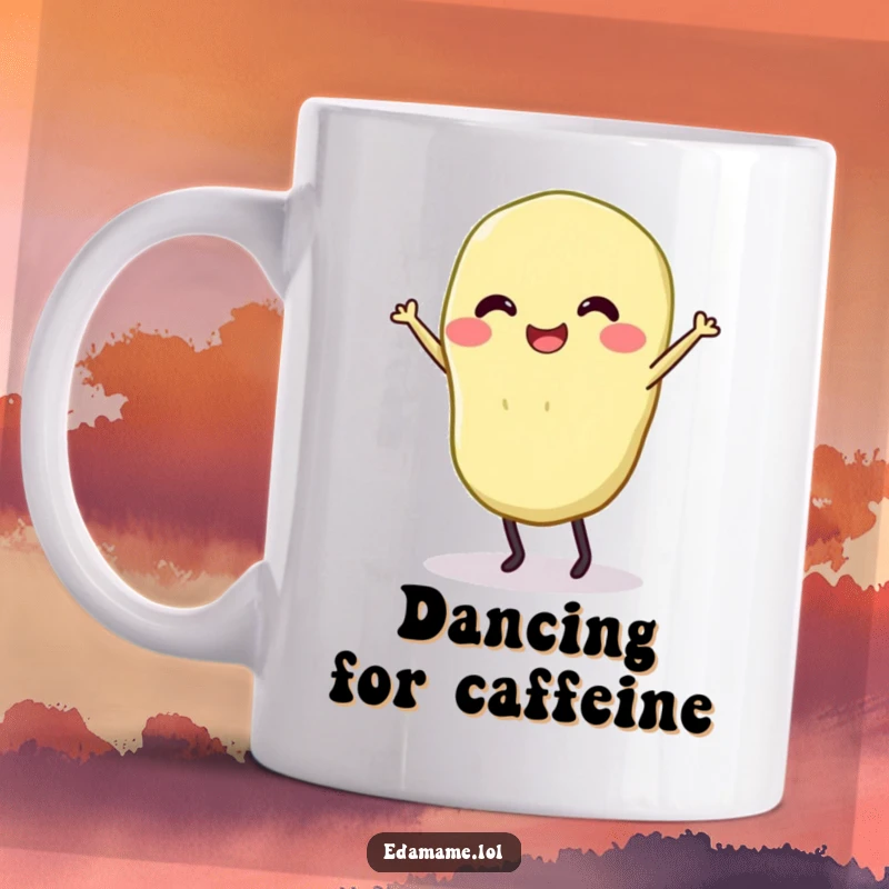 Funny mug with a smiling edamame character on legs dancing joyfully, perfect for quirky gift-giving.