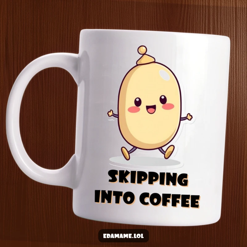Funny Mug: A cheerful bean character wearing a tiny hat, happily skipping along with a smile, radiating pure joy.