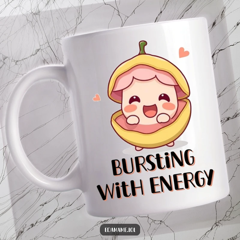 Funny edible bean pod splitting open with pure excitement and happiness, on a mug. Joyful and humorous food art, great funny gift.