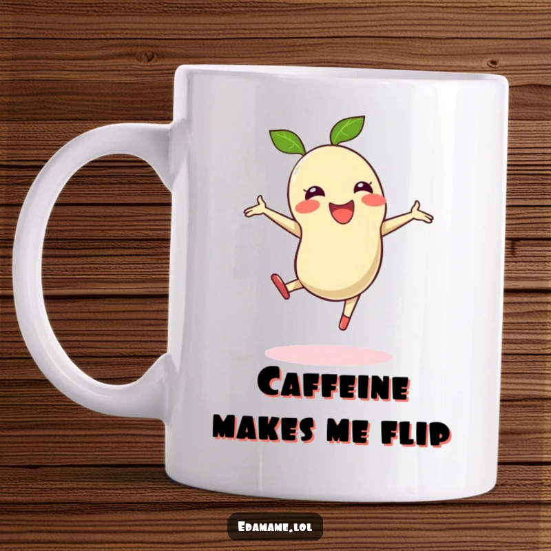 Funny mug showcasing an energetic edamame bean performing a cartwheel with pure delight and excitement.