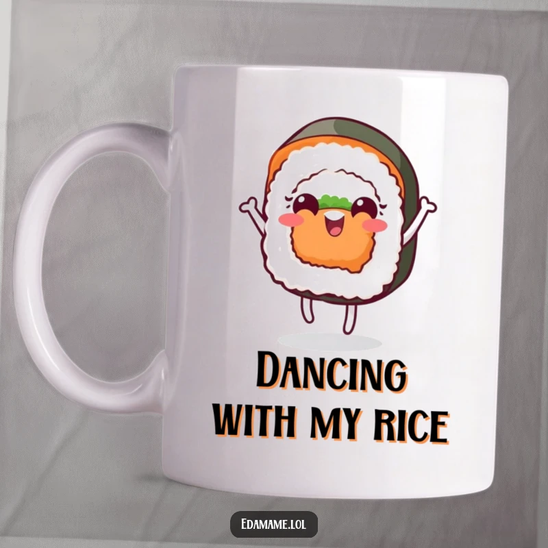 Funny mug featuring a cheerful sushi roll with a face doing a playful dance, radiating happiness and a love for sushi.