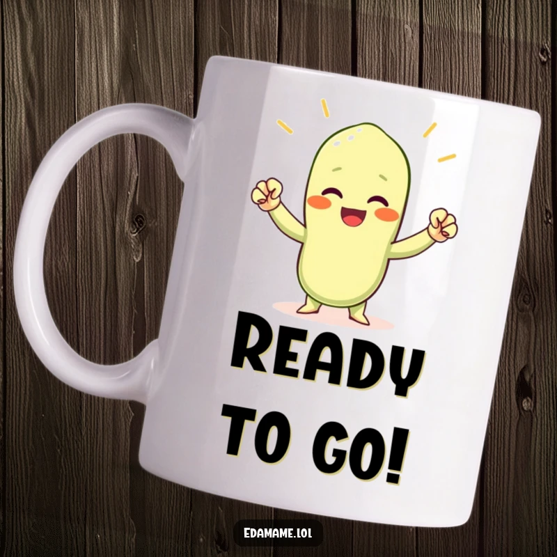 Funny cheering edamame bean mug, a victorious green bean character raising tiny fists in excitement and celebration.