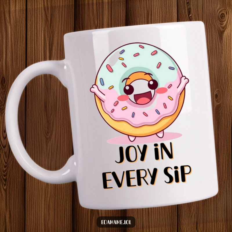 Funny mug featuring a delighted donut character covered in sprinkles, bouncing joyfully with an infectious smile.