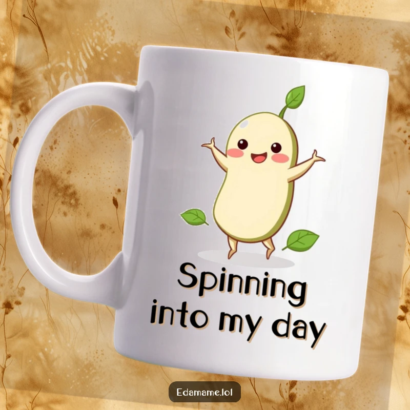 Funny mug featuring a single smiling edamame bean doing a cartwheel with impressive enthusiasm and a cheerful expression.