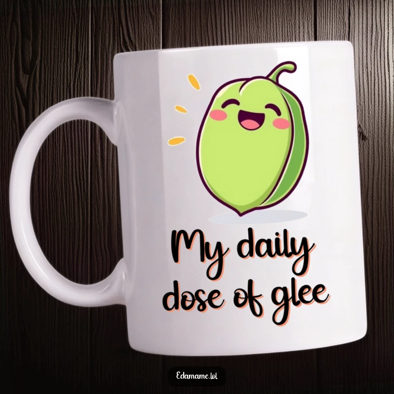 Funny Edamame Mug featuring a cheerful green pod with a wide, giggling mouth, radiating pure happiness and delight.