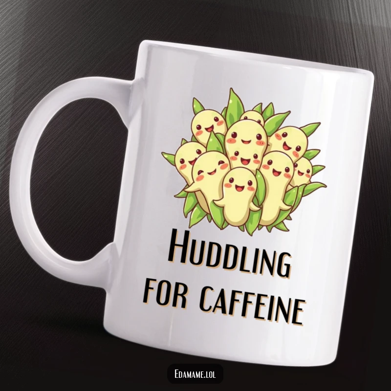 Funny mug featuring a group of smiling edamame beans huddled together in a cheerful and heartwarming display.