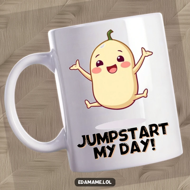 Funny mug featuring a happy edamame pod doing a cheerful split jump, symbolizing energy and healthy excitement.