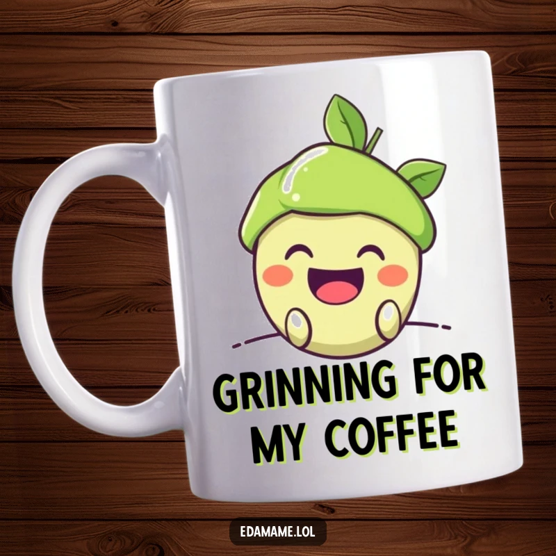 Funny Mug: A happy edamame pod with individual beans showing, peeking out with a wide, mischievous grin, full of playful energy.