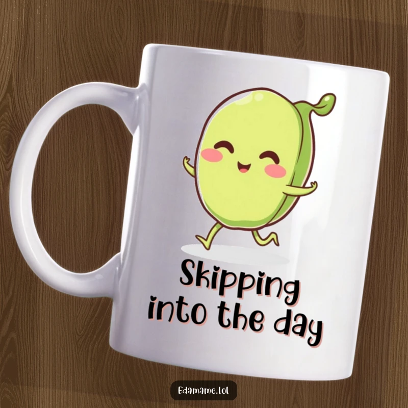 Funny smiling edamame pod with little legs happily skipping, featured on a mug, radiating pure joy and fun movement.