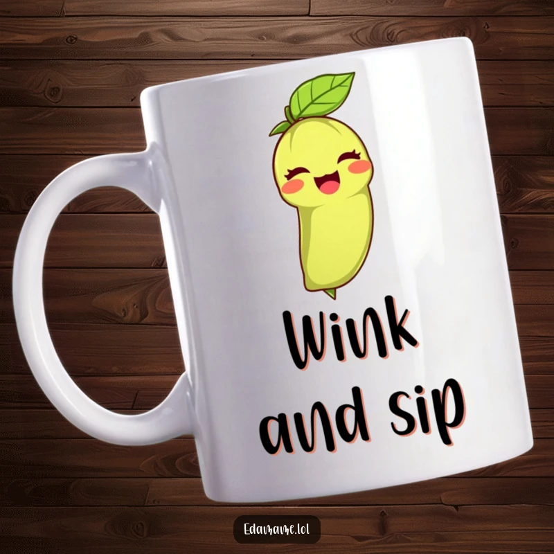 Funny mug featuring a green edamame bean with a leafy top giving a charming, joyful wink, exuding warmth and friendliness.