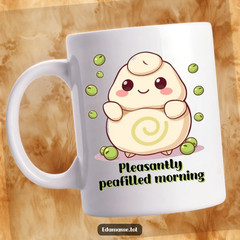 Funny mug with a happy dumpling character, swirl pattern, juggling tiny peas, showcasing playful skill and joy.