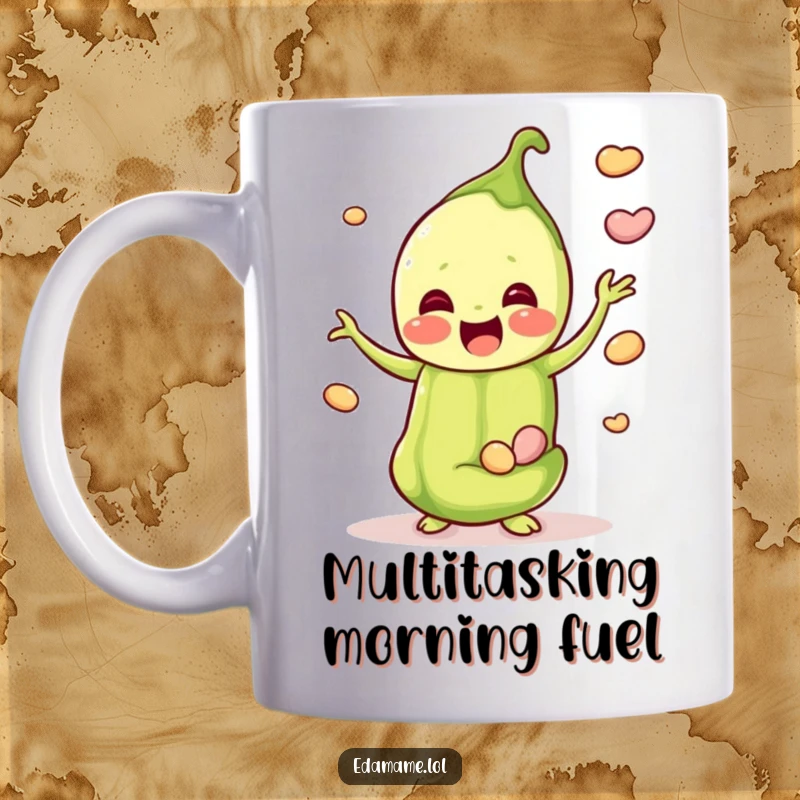Funny mug featuring a very happy edamame pod skillfully juggling several smaller beans, radiating pure joy and amusement.