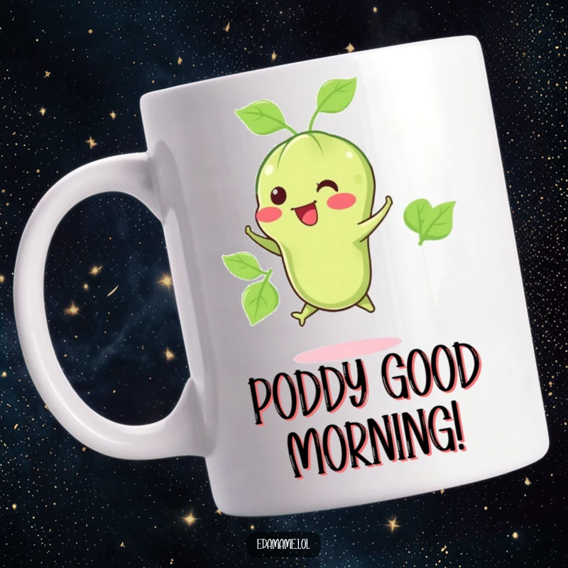 Funny mug featuring a happy edamame pod doing a little jump, conveying pure joy and a love for healthy snacks.