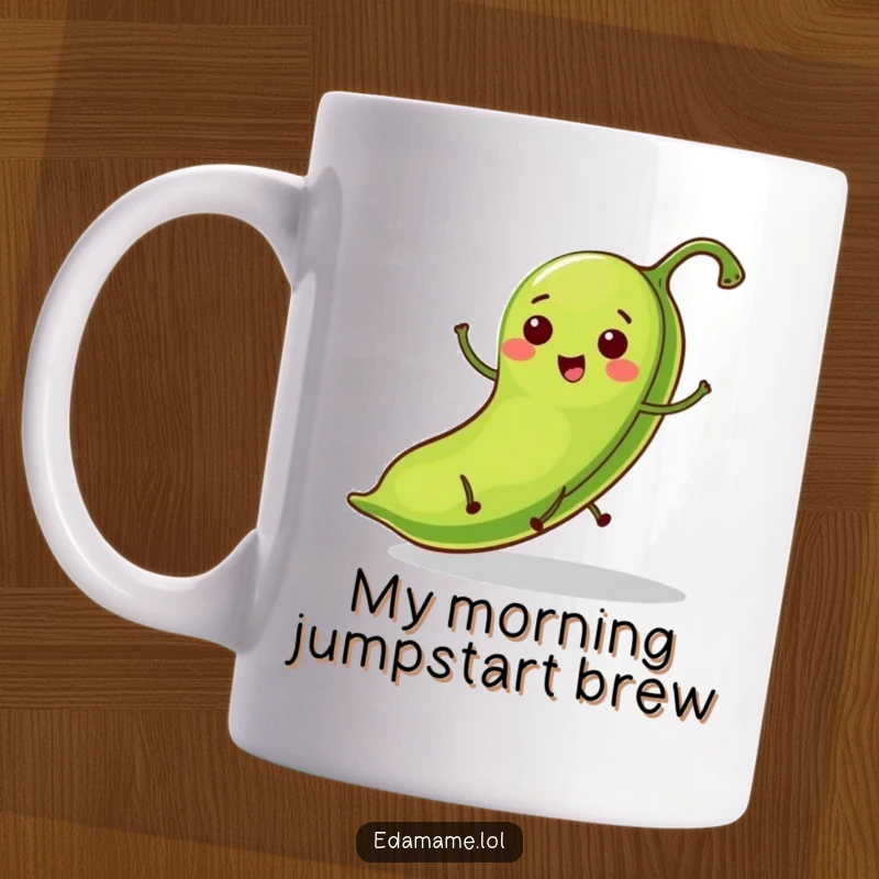 Funny mug featuring a bright green bean pod with tiny legs joyfully hopping, showcasing a silly and energetic character.