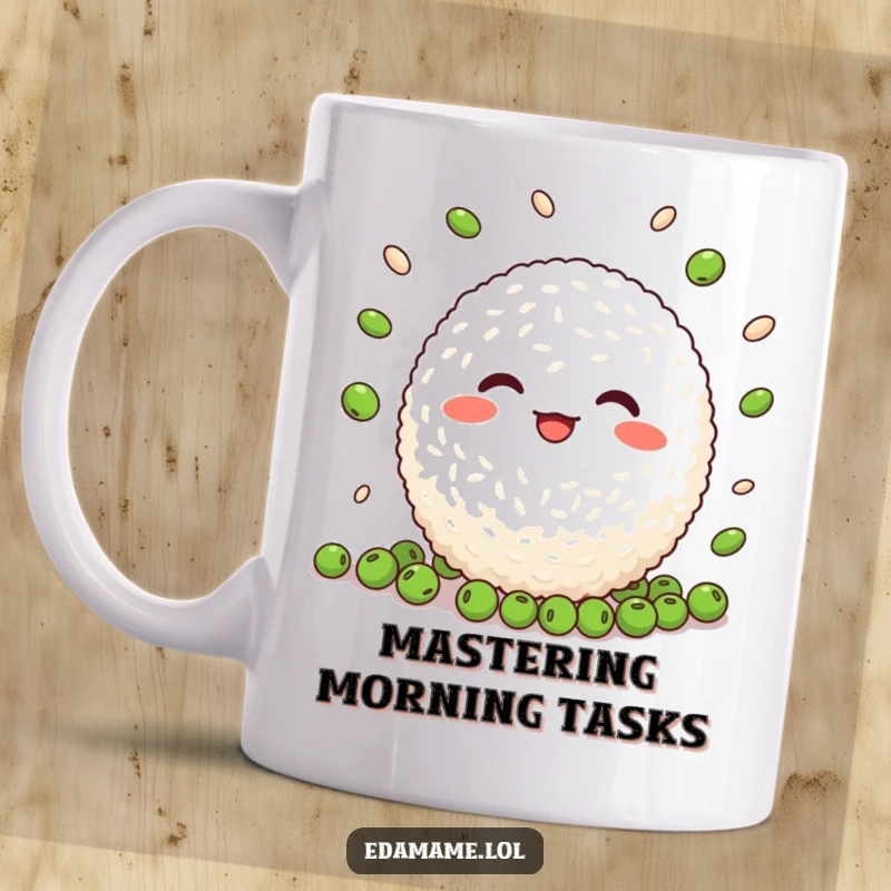 Funny Rice Ball Mug: A cheerful rice ball character skillfully juggling tiny green peas with a happy expression.
